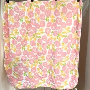 47x49 in 100% Cotton Muslin Throw.  Pink, Green and Yellow, off white background